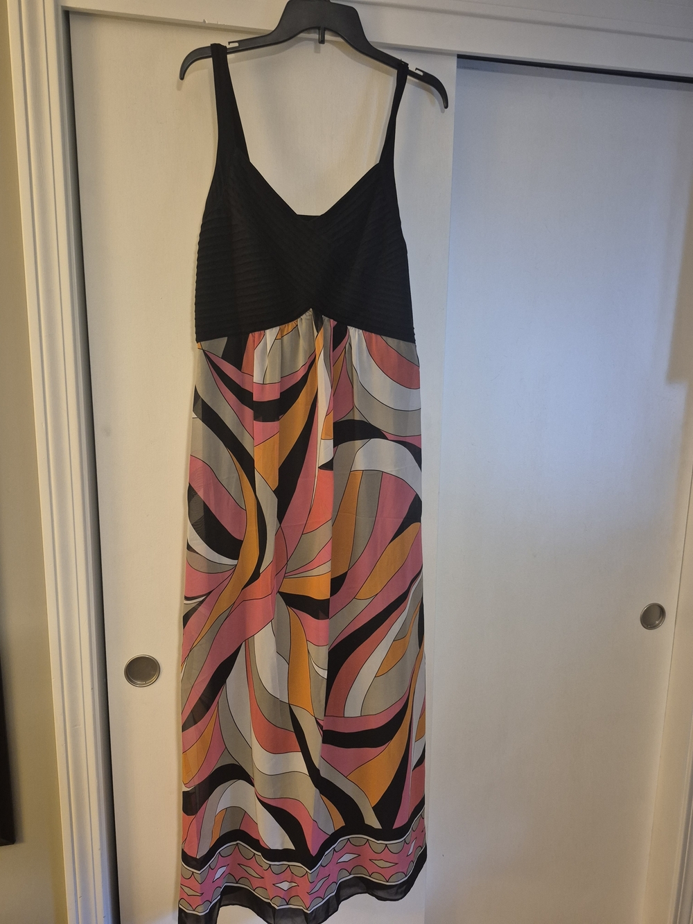 Signature by Robbie Bee Black Bodice Maxi with Pink, Orange & Cream Swirl Skirt